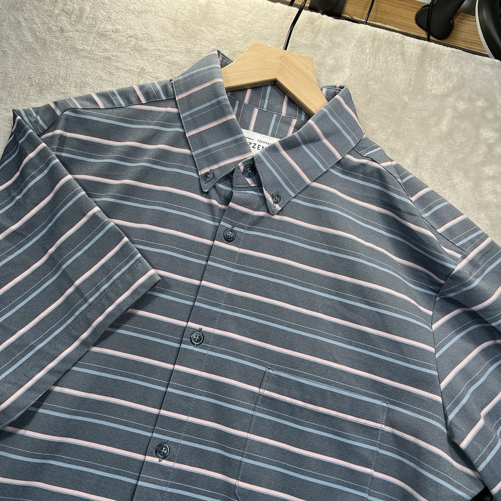 Mizzen Main Shirt Men XL Leeward Performance Trim Fit Gray Striped Short Sleeve